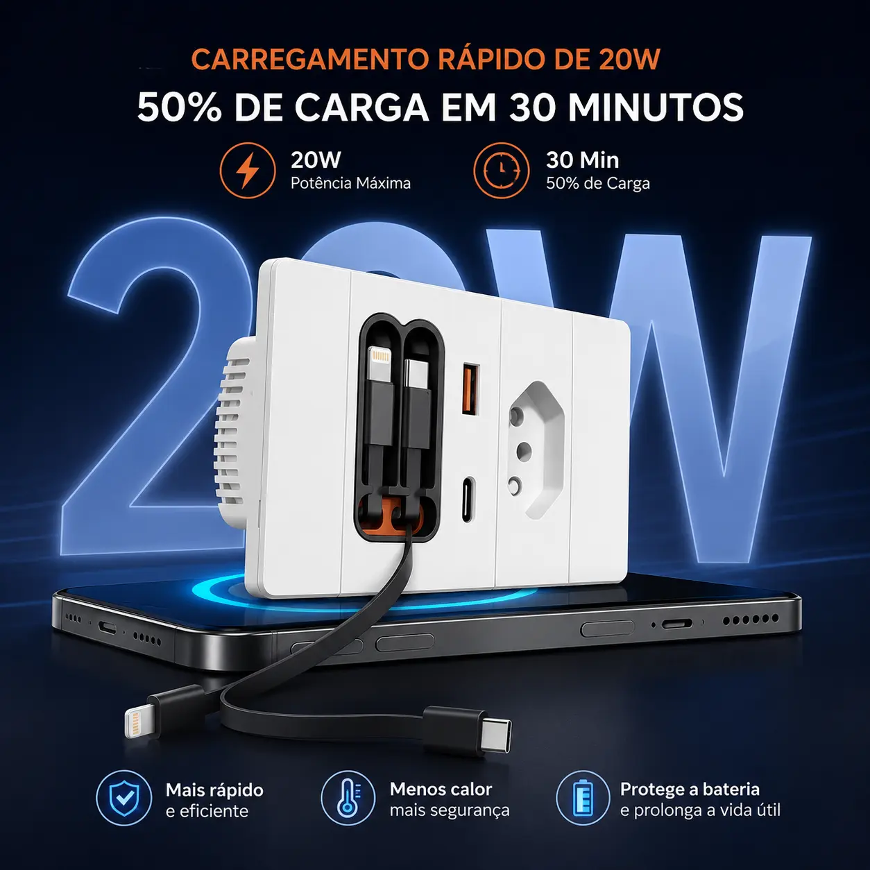Carregamento rápido de 20W: 50% de carga em 30 minutos