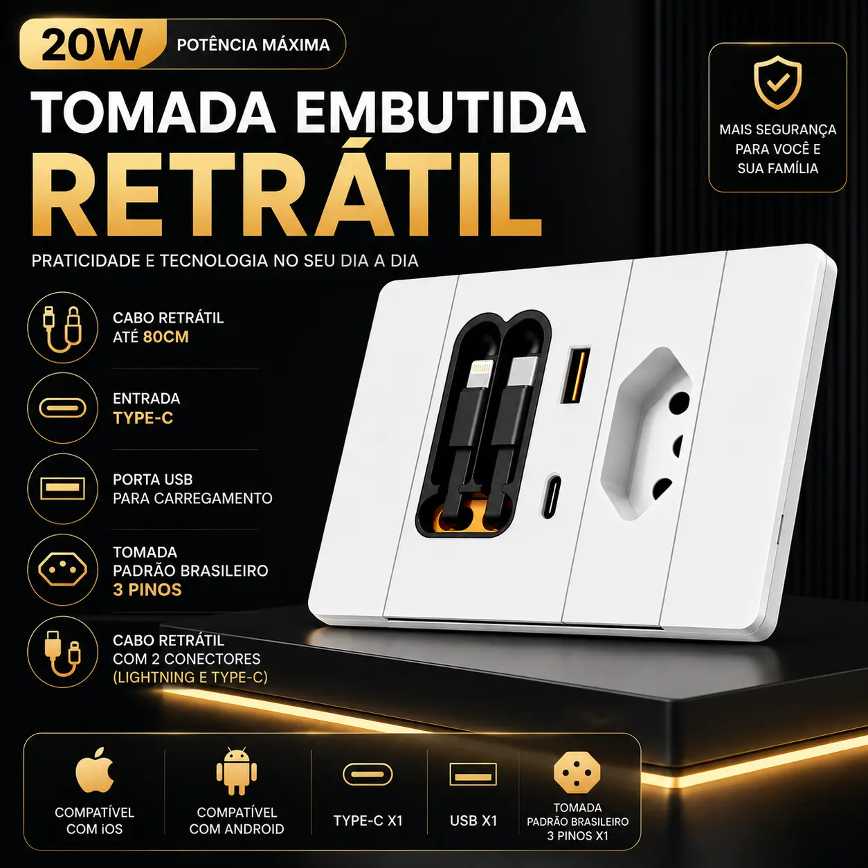 Tomada embutida retrátil branca 20W com cabo de até 80cm, USB e tomada 3 pinos