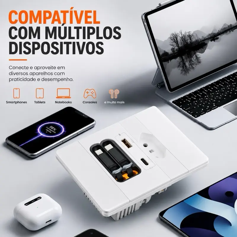Tomada branca compatível com smartphones, tablets, notebooks, consoles e fones