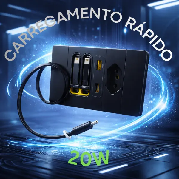 Tomada preta com carregamento rápido de 20W
