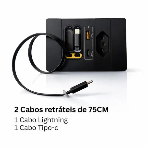 Dois cabos retráteis de 75cm: um Lightning (iPhone) e um Tipo-C