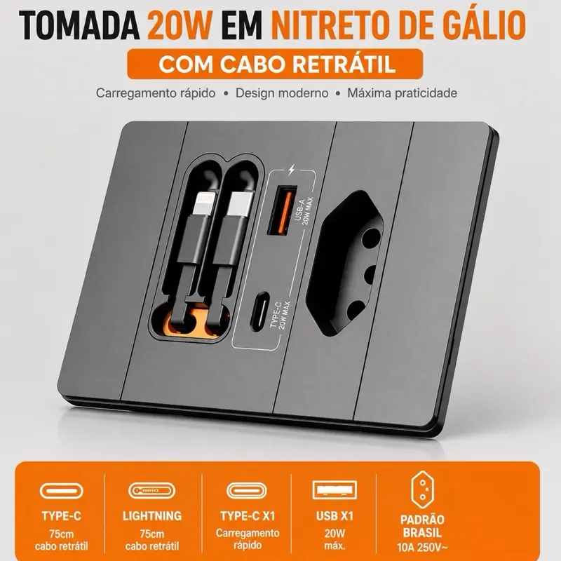 Tomada preta 20W em nitreto de gálio com cabo retrátil, USB-A e USB-C